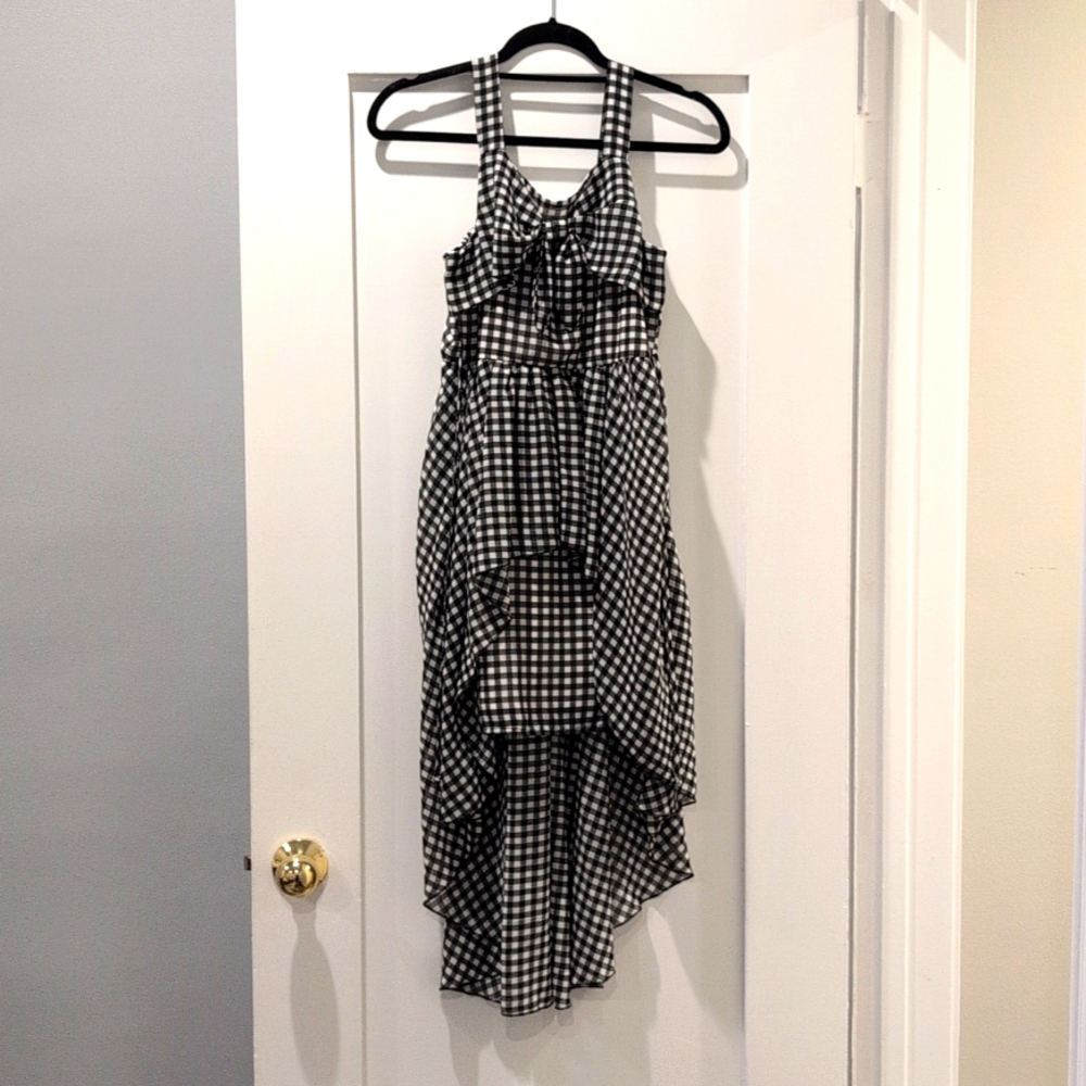 Gingham/Plaid Black and White High Low Dress